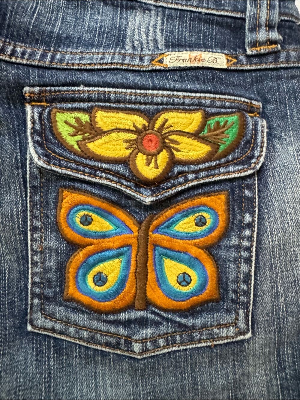 Frankie B. Blue Denim Flared Jeans with Colorful Embroidered Butterfly Pockets - Picture 3 of 6